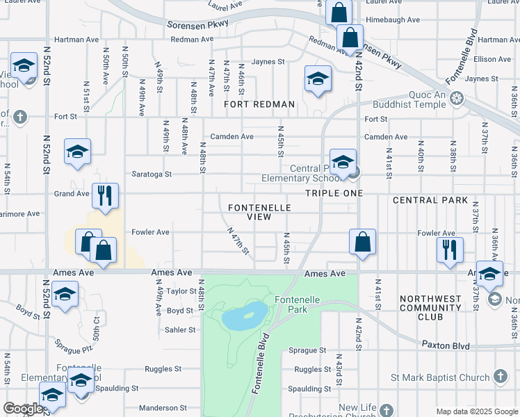 map of restaurants, bars, coffee shops, grocery stores, and more near 4542 Larimore Avenue in Omaha