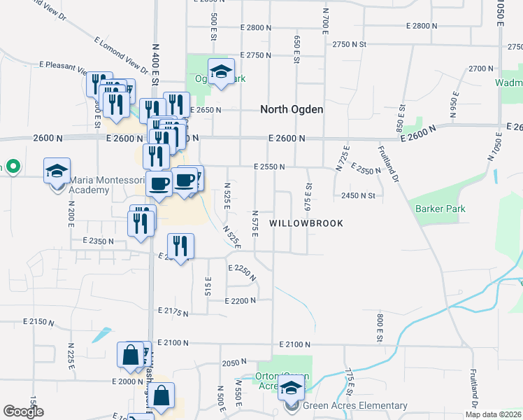 map of restaurants, bars, coffee shops, grocery stores, and more near 2402 600 East Street in North Ogden