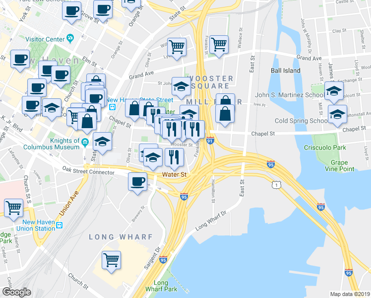 map of restaurants, bars, coffee shops, grocery stores, and more near 106 Wooster Street in New Haven