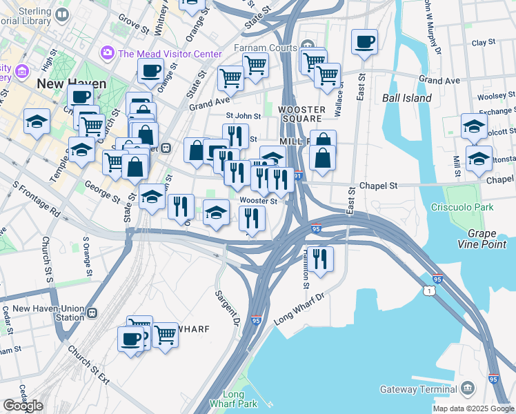 map of restaurants, bars, coffee shops, grocery stores, and more near 138 Wooster Street in New Haven