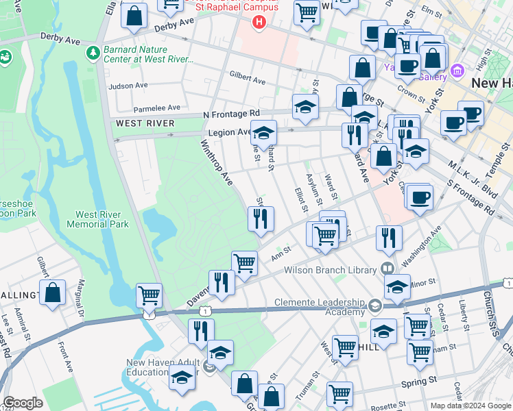 map of restaurants, bars, coffee shops, grocery stores, and more near 42 Stevens Street in New Haven