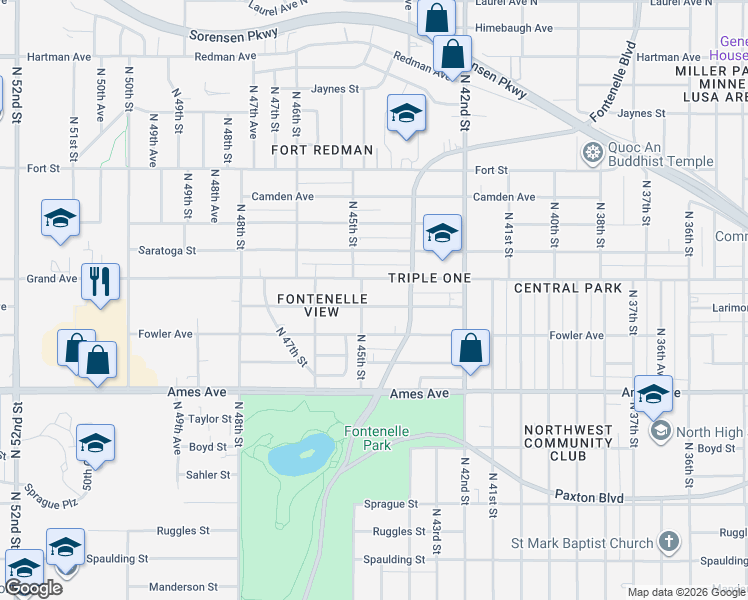 map of restaurants, bars, coffee shops, grocery stores, and more near 4316 Larimore Avenue in Omaha