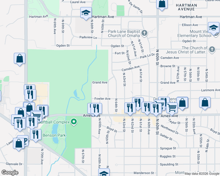 map of restaurants, bars, coffee shops, grocery stores, and more near 4722 North 65th Street in Omaha