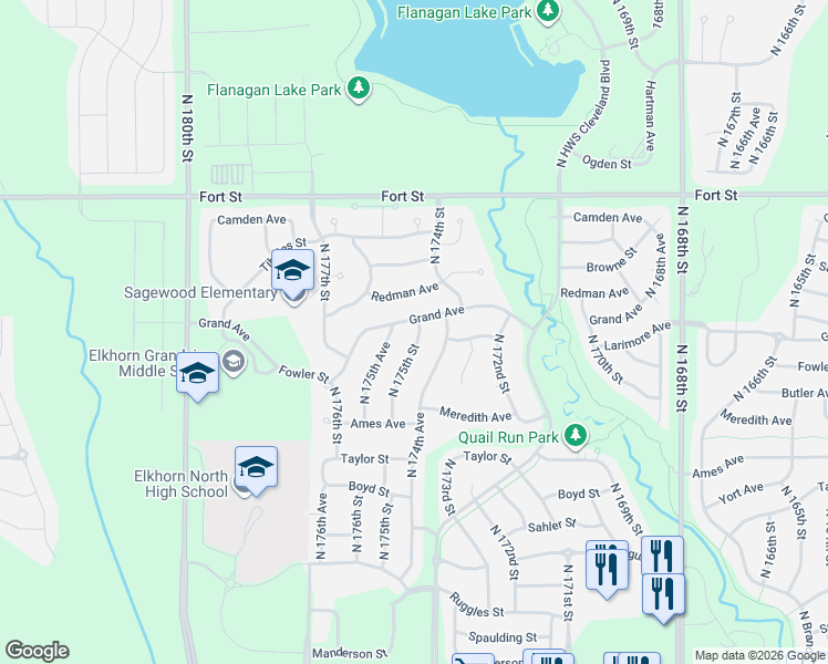 map of restaurants, bars, coffee shops, grocery stores, and more near 4815 North 175th Street in Omaha
