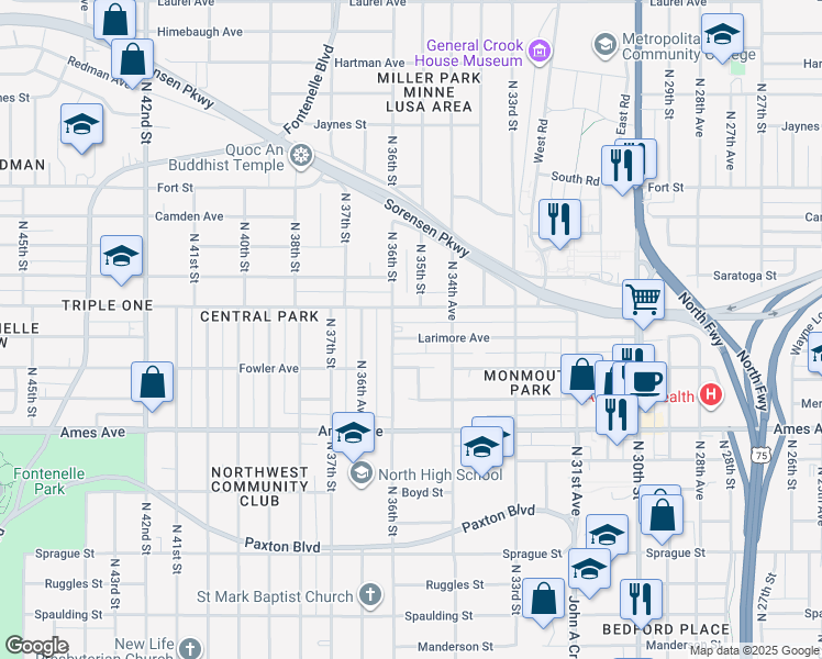map of restaurants, bars, coffee shops, grocery stores, and more near 3480 Larimore Avenue in Omaha