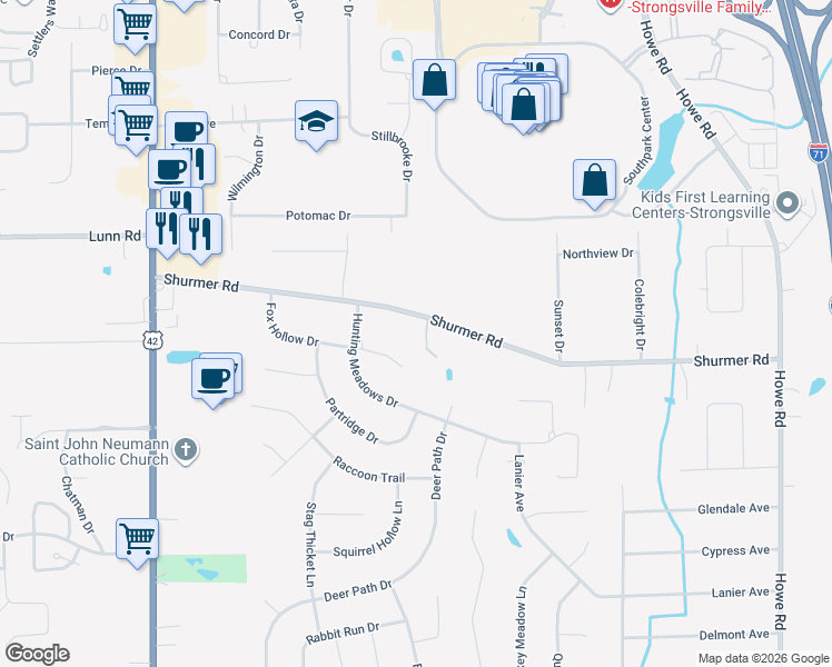 map of restaurants, bars, coffee shops, grocery stores, and more near 17675 Shurmer Road in Strongsville