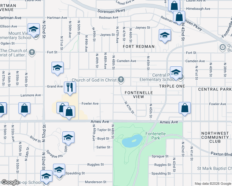map of restaurants, bars, coffee shops, grocery stores, and more near 4720 Larimore Avenue in Omaha