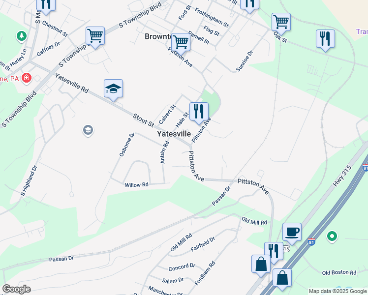 map of restaurants, bars, coffee shops, grocery stores, and more near 57 Stout St in Yatesville