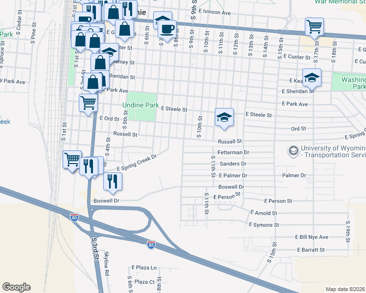 map of restaurants, bars, coffee shops, grocery stores, and more near 1153 South 9th Street in Laramie