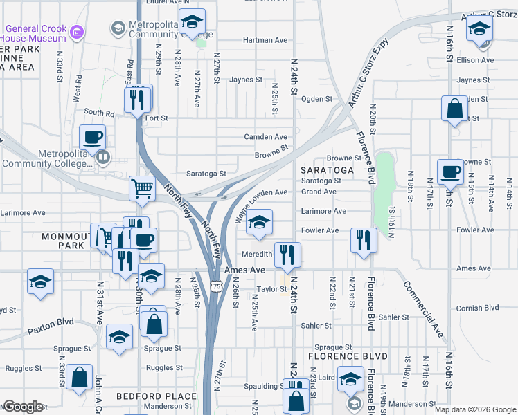 map of restaurants, bars, coffee shops, grocery stores, and more near 2455 Larimore Avenue in Omaha