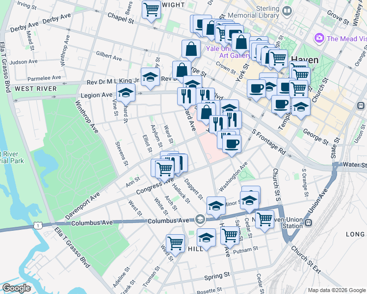 map of restaurants, bars, coffee shops, grocery stores, and more near 130 Davenport Avenue in New Haven