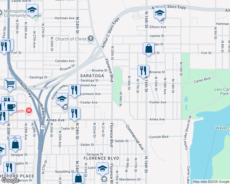 map of restaurants, bars, coffee shops, grocery stores, and more near 4811 Florence Boulevard in Omaha