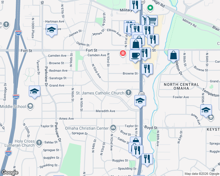 map of restaurants, bars, coffee shops, grocery stores, and more near 4811 North 93rd Street in Omaha
