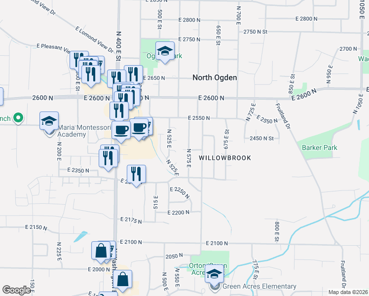 map of restaurants, bars, coffee shops, grocery stores, and more near 2413 North 575 East in Ogden
