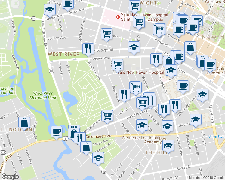 map of restaurants, bars, coffee shops, grocery stores, and more near 42 Stevens Street in New Haven