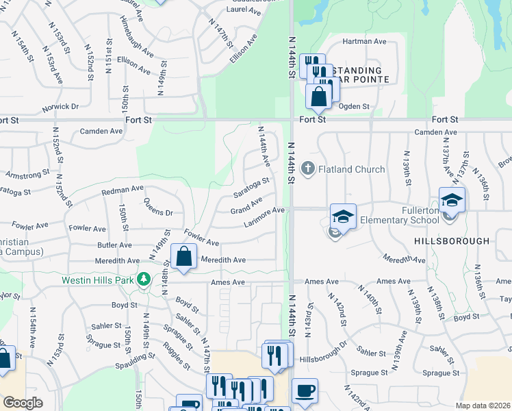 map of restaurants, bars, coffee shops, grocery stores, and more near 14509 Grand Avenue in Omaha
