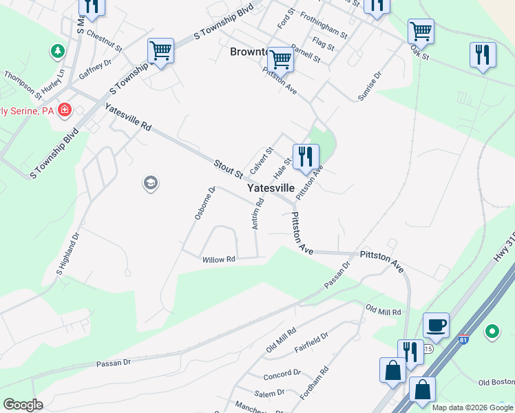 map of restaurants, bars, coffee shops, grocery stores, and more near 29 Antrim Road in Yatesville