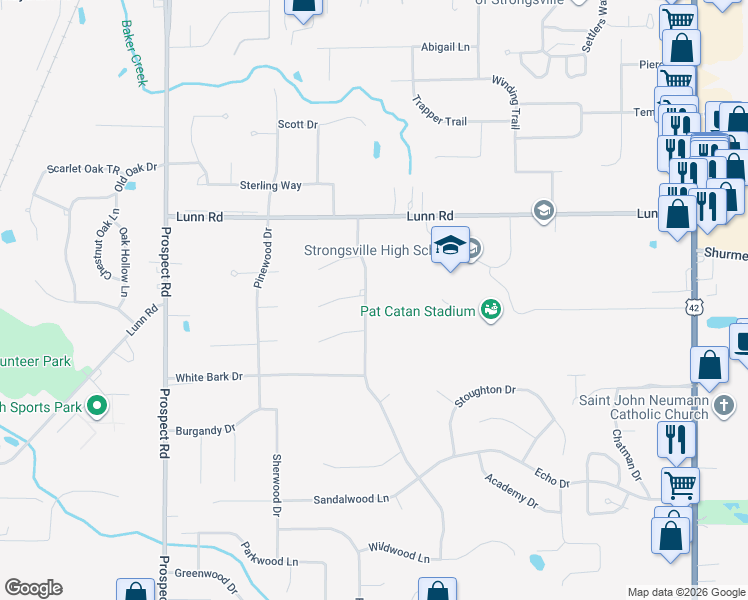 map of restaurants, bars, coffee shops, grocery stores, and more near 15267 Walnut Creek Drive in Strongsville
