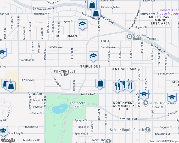 map of restaurants, bars, coffee shops, grocery stores, and more near 4236 Larimore Ave in Omaha