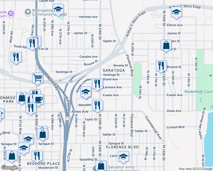 map of restaurants, bars, coffee shops, grocery stores, and more near 2222 Larimore Avenue in Omaha