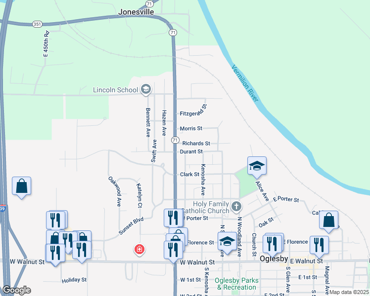 map of restaurants, bars, coffee shops, grocery stores, and more near 425 Richards Street in Oglesby