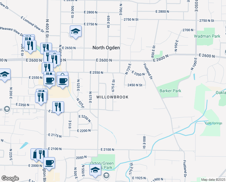 map of restaurants, bars, coffee shops, grocery stores, and more near 2425 675 East Street in North Ogden