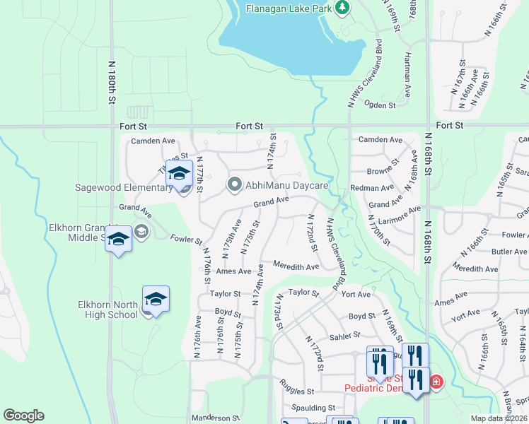 map of restaurants, bars, coffee shops, grocery stores, and more near 4815 North 175th Street in Omaha
