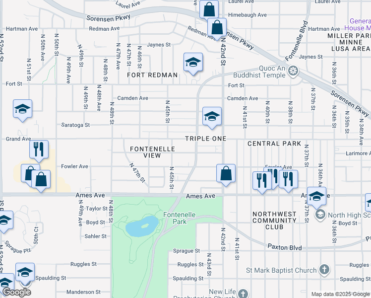 map of restaurants, bars, coffee shops, grocery stores, and more near 4316 Larimore Ave in Omaha