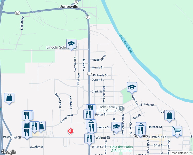 map of restaurants, bars, coffee shops, grocery stores, and more near 425 Richards Street in Oglesby