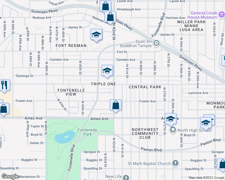 map of restaurants, bars, coffee shops, grocery stores, and more near 4808 North 42nd Street in Omaha