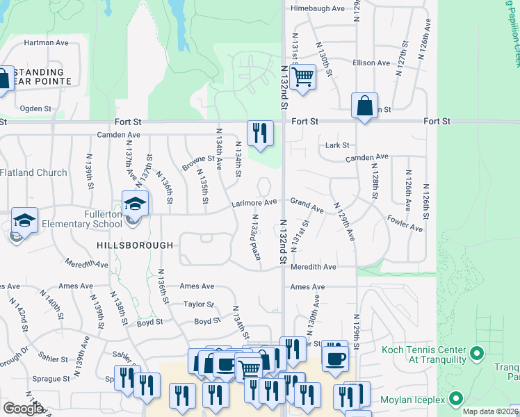 map of restaurants, bars, coffee shops, grocery stores, and more near 4825 North 133rd Plaza in Omaha
