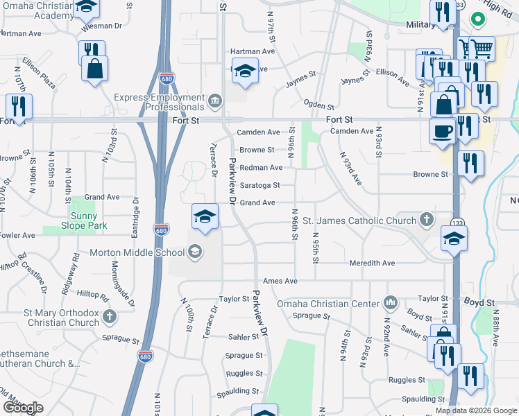 map of restaurants, bars, coffee shops, grocery stores, and more near 9703 Grand Avenue in Omaha
