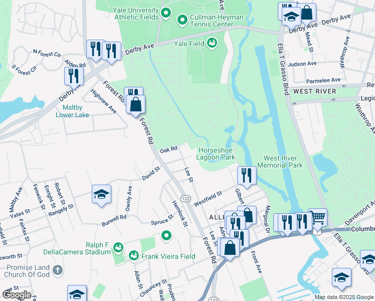 map of restaurants, bars, coffee shops, grocery stores, and more near 65 Oak Road in West Haven