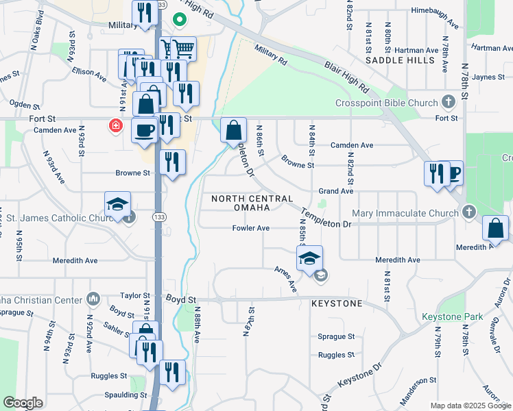 map of restaurants, bars, coffee shops, grocery stores, and more near 8608 Larimore Avenue in Omaha