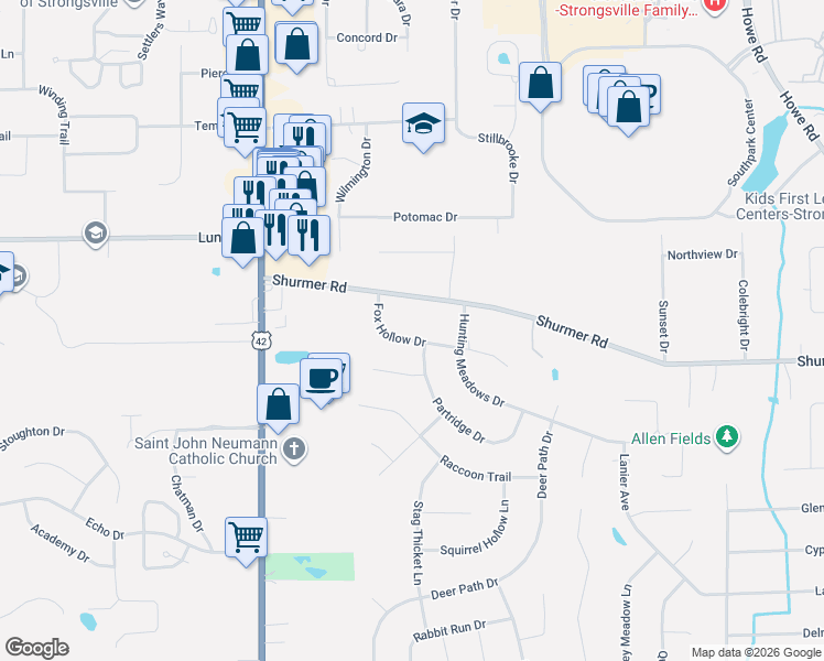 map of restaurants, bars, coffee shops, grocery stores, and more near 18172 Fox Hollow Drive in Strongsville