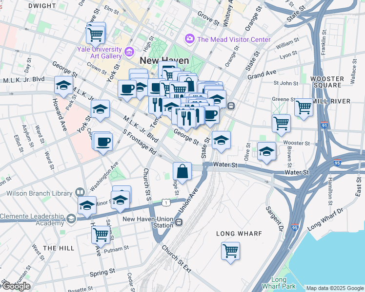 map of restaurants, bars, coffee shops, grocery stores, and more near in New Haven