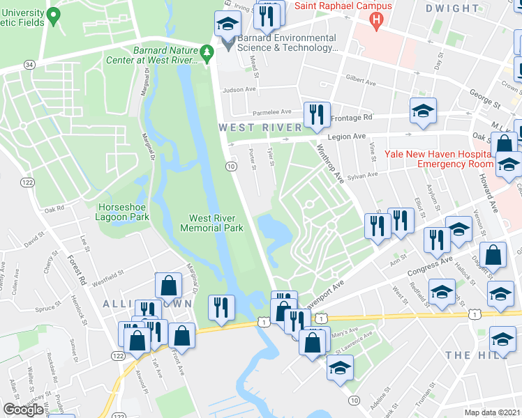 map of restaurants, bars, coffee shops, grocery stores, and more near 915 Ella T Grasso Boulevard in New Haven