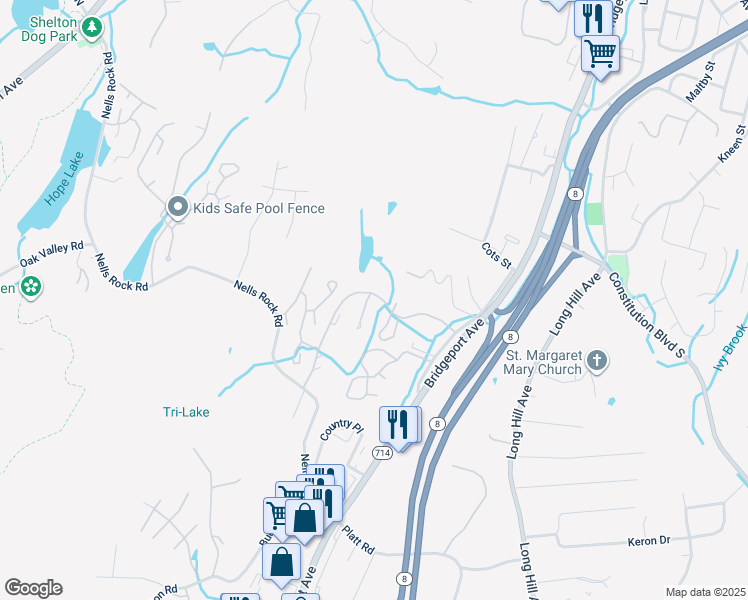 map of restaurants, bars, coffee shops, grocery stores, and more near 11 Red Oak Circle in Shelton