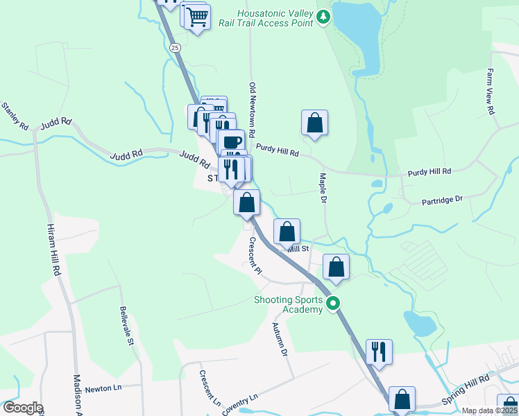 map of restaurants, bars, coffee shops, grocery stores, and more near 118 Main Street in Monroe