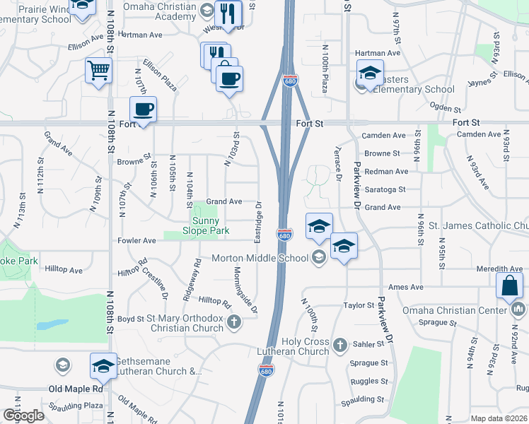 map of restaurants, bars, coffee shops, grocery stores, and more near 4805 Eastridge Drive in Omaha