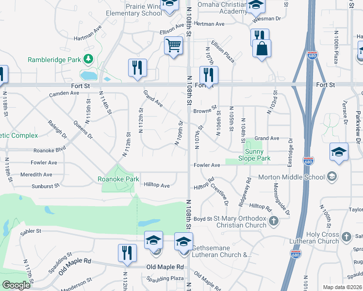 map of restaurants, bars, coffee shops, grocery stores, and more near 4741 North 109th Circle in Omaha