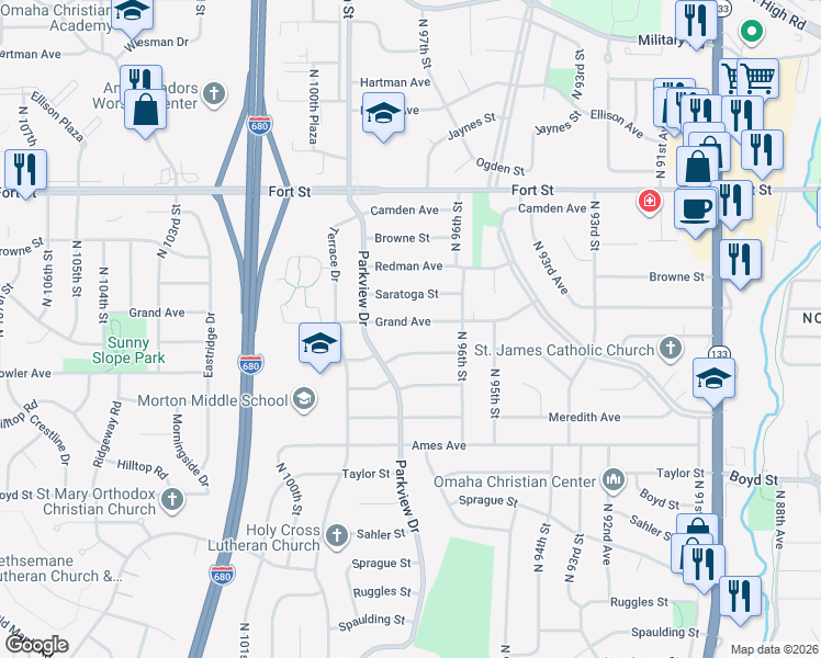 map of restaurants, bars, coffee shops, grocery stores, and more near 9703 Grand Avenue in Omaha