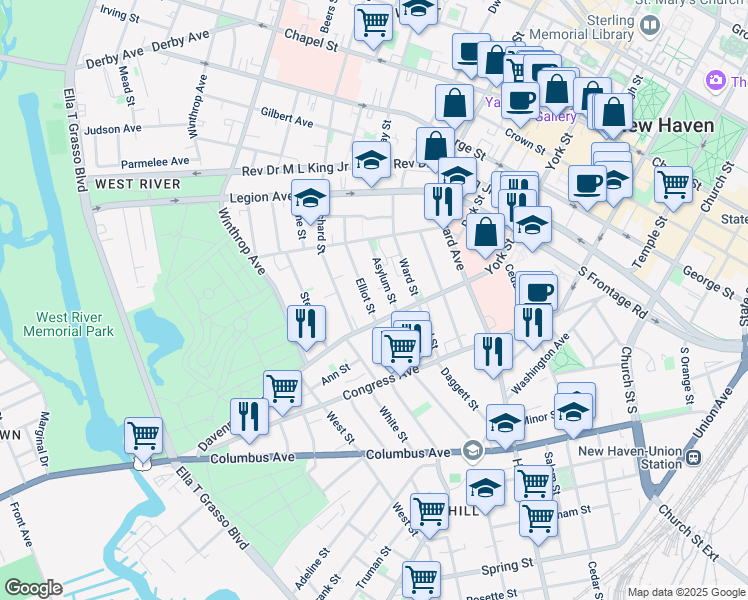 map of restaurants, bars, coffee shops, grocery stores, and more near 19 Elliot Street in New Haven