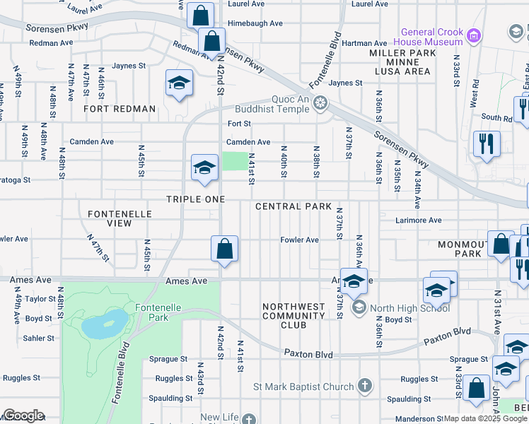 map of restaurants, bars, coffee shops, grocery stores, and more near 4735 North 40th Avenue in Omaha