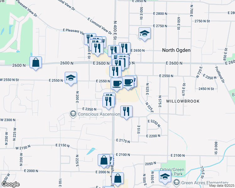 map of restaurants, bars, coffee shops, grocery stores, and more near 2426 North Washington Boulevard in North Ogden