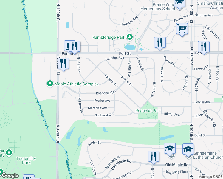 map of restaurants, bars, coffee shops, grocery stores, and more near 11656 Roanoke Blvd in Omaha