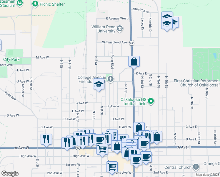 map of restaurants, bars, coffee shops, grocery stores, and more near 912 N C St in Oskaloosa