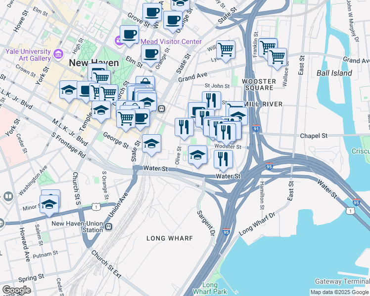 map of restaurants, bars, coffee shops, grocery stores, and more near 66 Warren Street in New Haven
