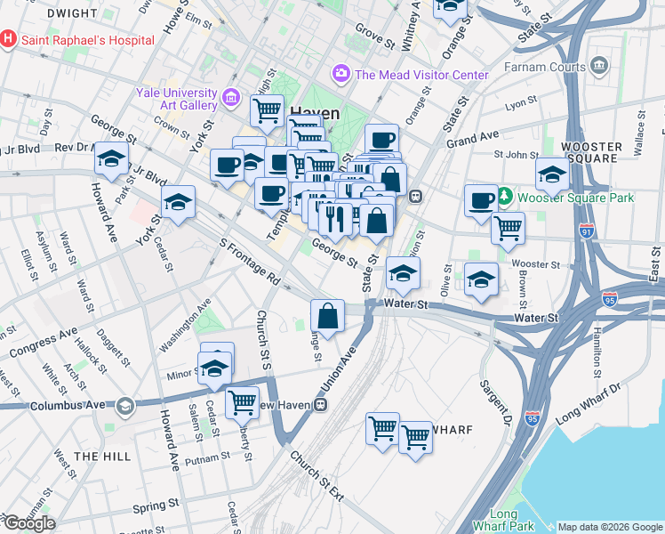 map of restaurants, bars, coffee shops, grocery stores, and more near 275 South Orange Street in New Haven