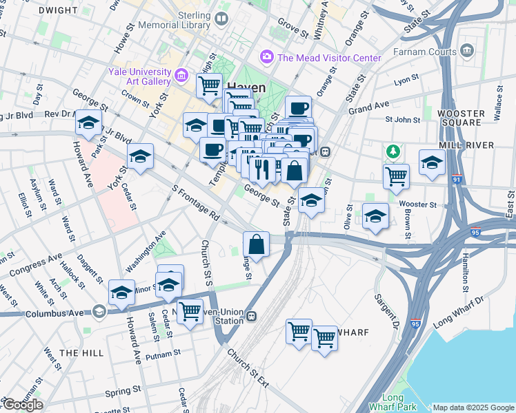 map of restaurants, bars, coffee shops, grocery stores, and more near 275 South Orange Street in New Haven